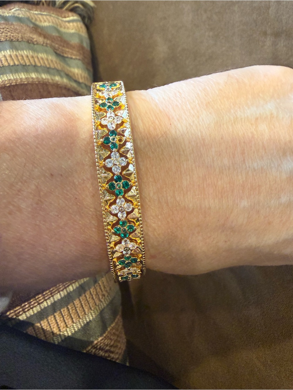 Adina Eden Gold Italian Floral Crystal Bracelet with Green and White Stones